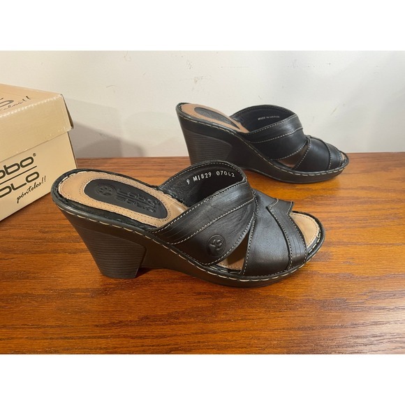 Lobo Solo Rubi Black Leather Wedge Heel Open Toe Mule Sandals 9‎ Slip On Comfort - Picture 5 of 13